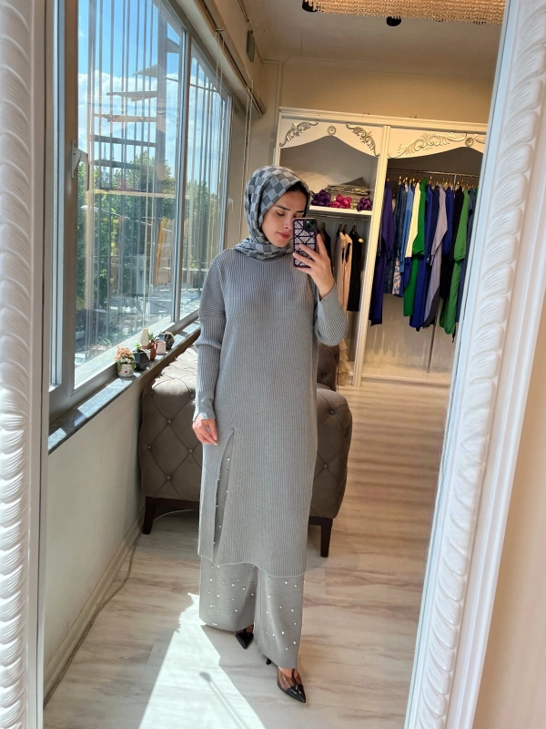 İNVEE 6944 Yırtmaçlı Triko Tunik - Gri