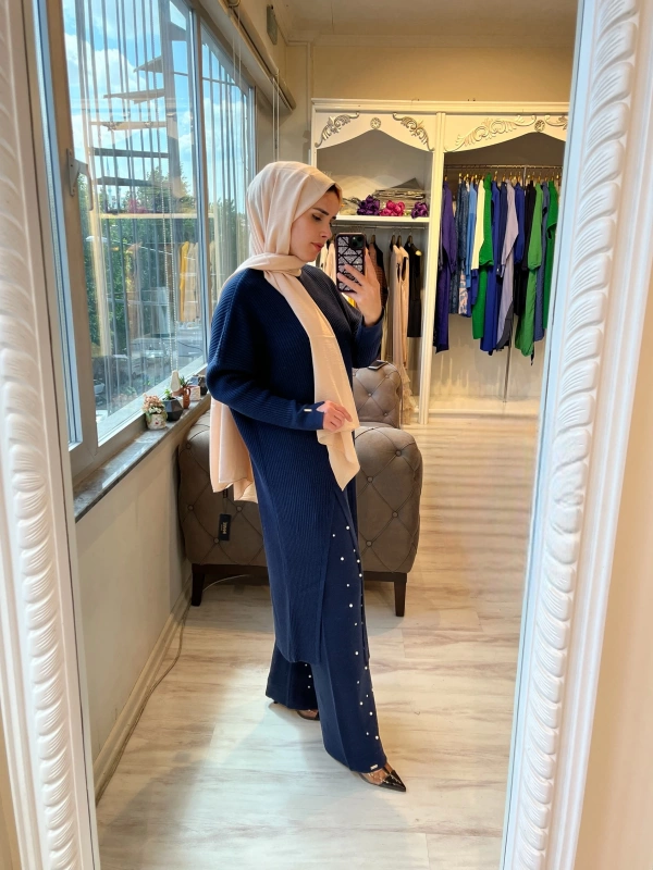 İNVEE 6944 Yırtmaçlı Triko Tunik - Lacivert