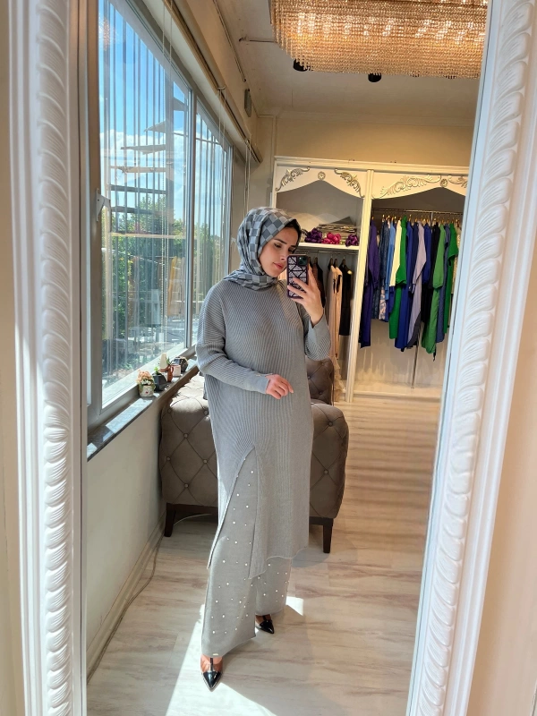 İNVEE 6944 Yırtmaçlı Triko Tunik - Gri