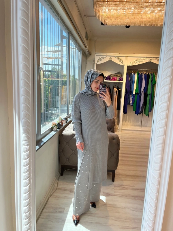 İNVEE 6944 Yırtmaçlı Triko Tunik - Gri