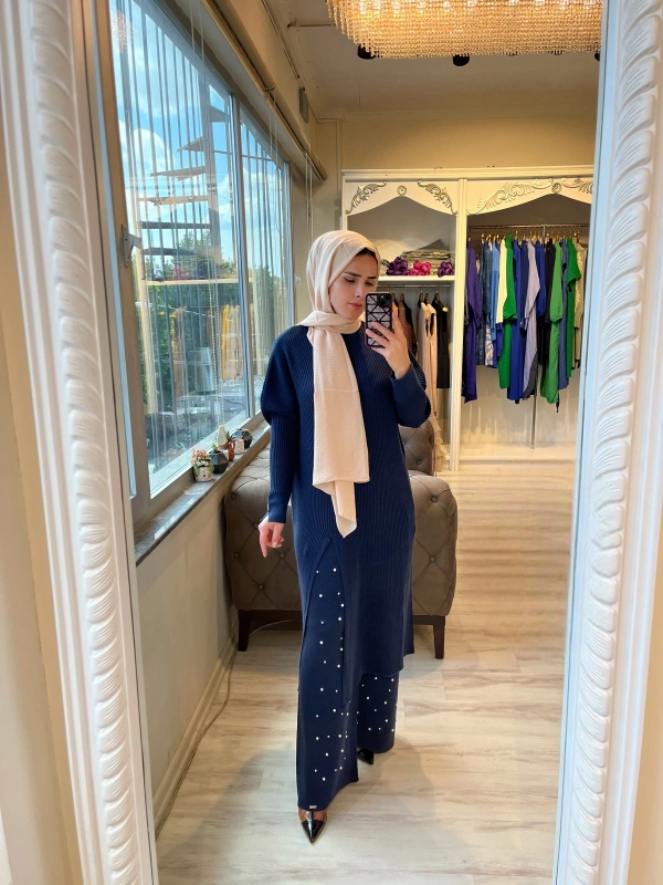 İNVEE 6944 Yırtmaçlı Triko Tunik - Lacivert