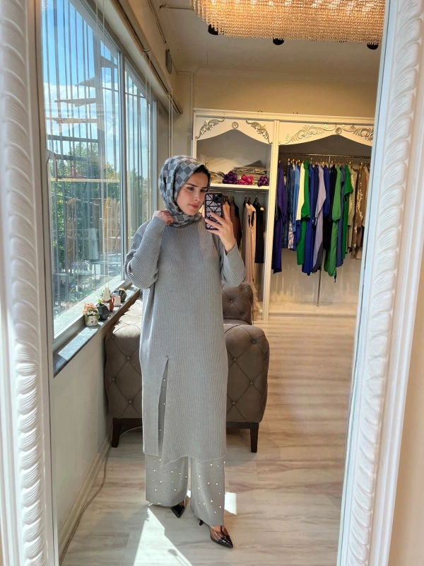 İNVEE 6944 Yırtmaçlı Triko Tunik - Gri