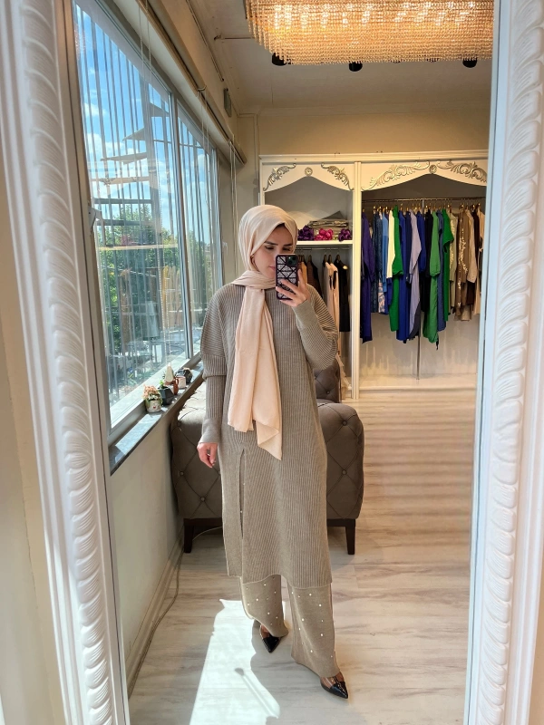 İNVEE 6944 Yırtmaçlı Triko Tunik - Koyu Bej