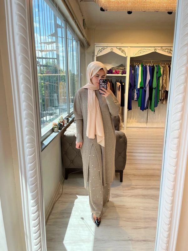 İNVEE 6944 Yırtmaçlı Triko Tunik - Koyu Bej