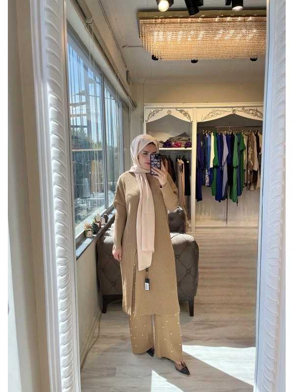 İNVEE 6944 Yırtmaçlı Triko Tunik - Camel