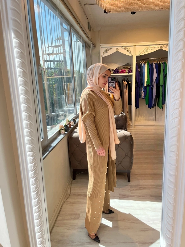 İNVEE 6944 Yırtmaçlı Triko Tunik - Camel