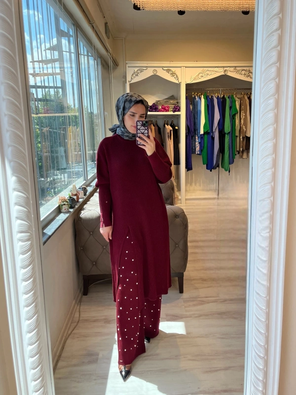 İNVEE 6944 Yırtmaçlı Triko Tunik - Bordo