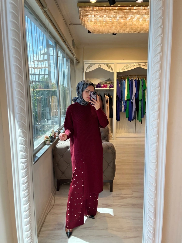 İNVEE 6944 Yırtmaçlı Triko Tunik - Bordo