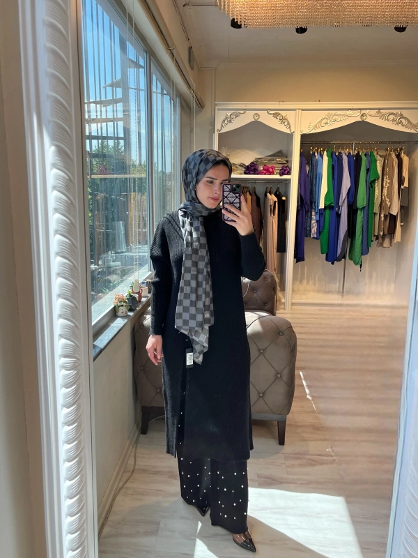 İNVEE 6944 Yırtmaçlı Triko Tunik - Siyah