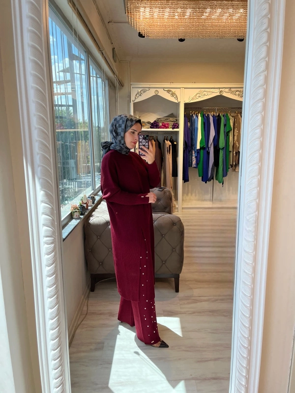 İNVEE 6944 Yırtmaçlı Triko Tunik - Bordo