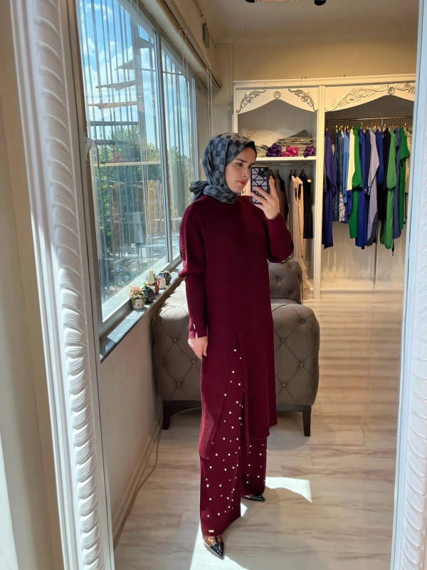 İNVEE 6944 Yırtmaçlı Triko Tunik - Bordo