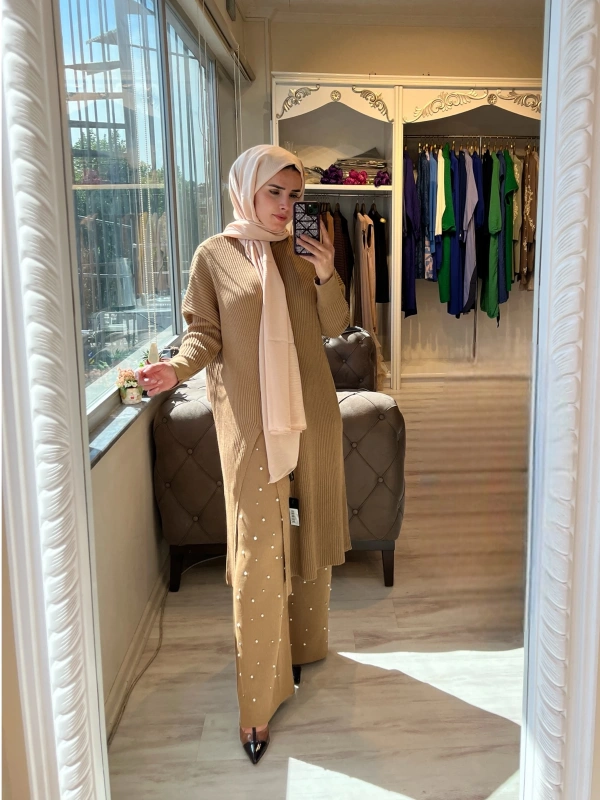 İNVEE 6950 İncili Triko Pantolon - Camel