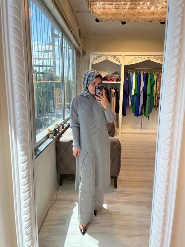 İNVEE 6950 İncili Triko Pantolon - Gri