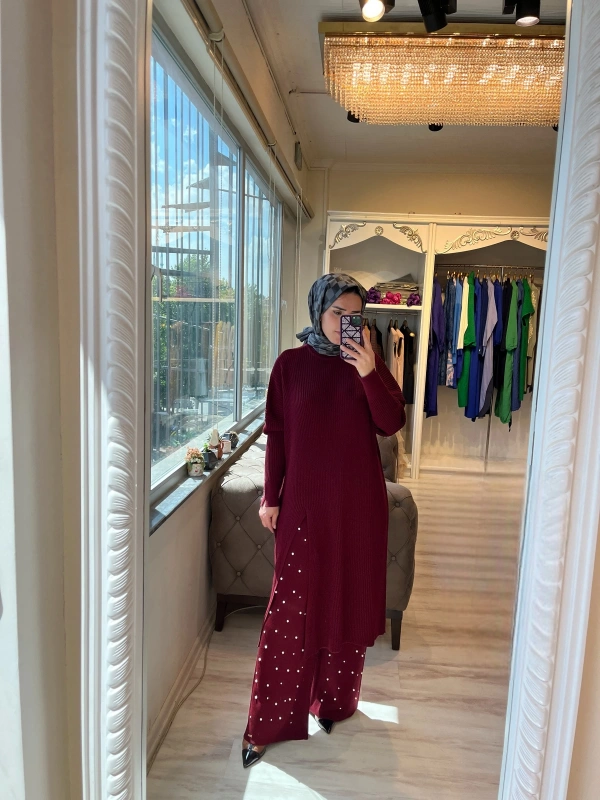 İNVEE 6950 İncili Triko Pantolon - Bordo