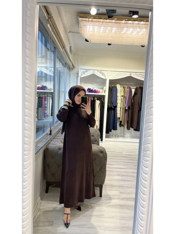 İNVEE 6953 Yün Karışımlı Triko Elbise - Kahve