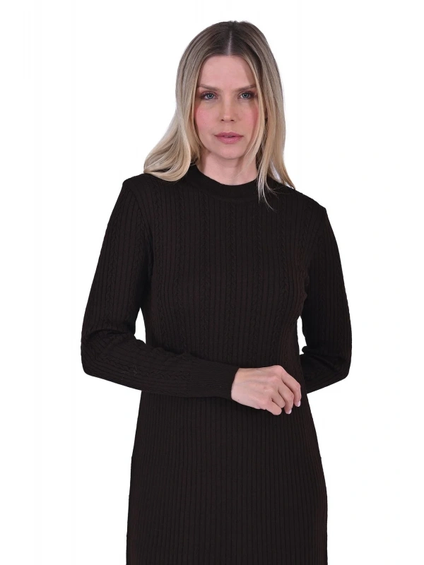 İNVEE 6954 Yün Karışımlı Triko Elbise - Kahve