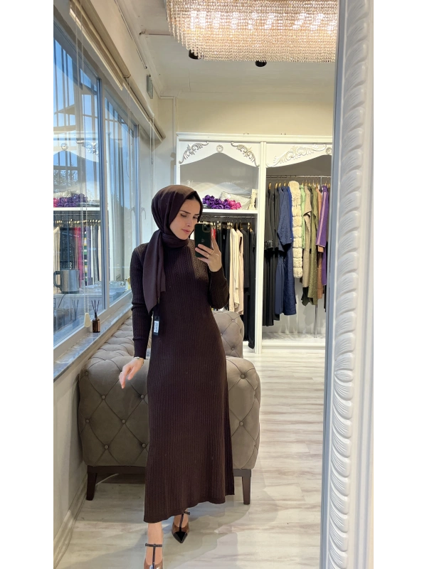 İNVEE 6954 Yün Karışımlı Triko Elbise - Kahve