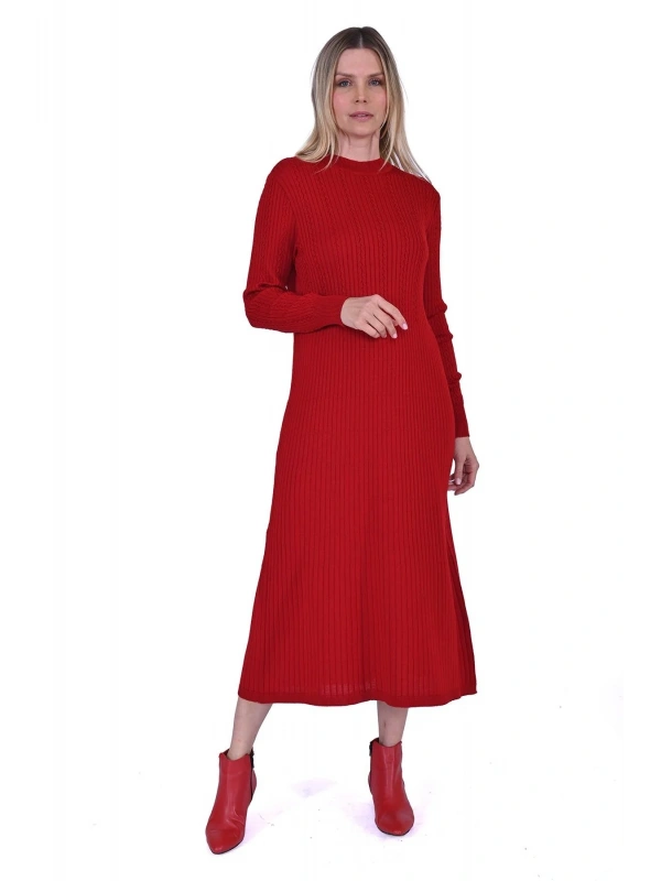 İNVEE 6954 Yün Karışımlı Triko Elbise - Kırmızı