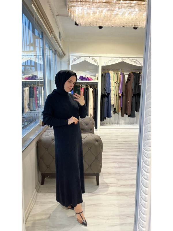 İNVEE 6954 Yün Karışımlı Triko Elbise - Siyah