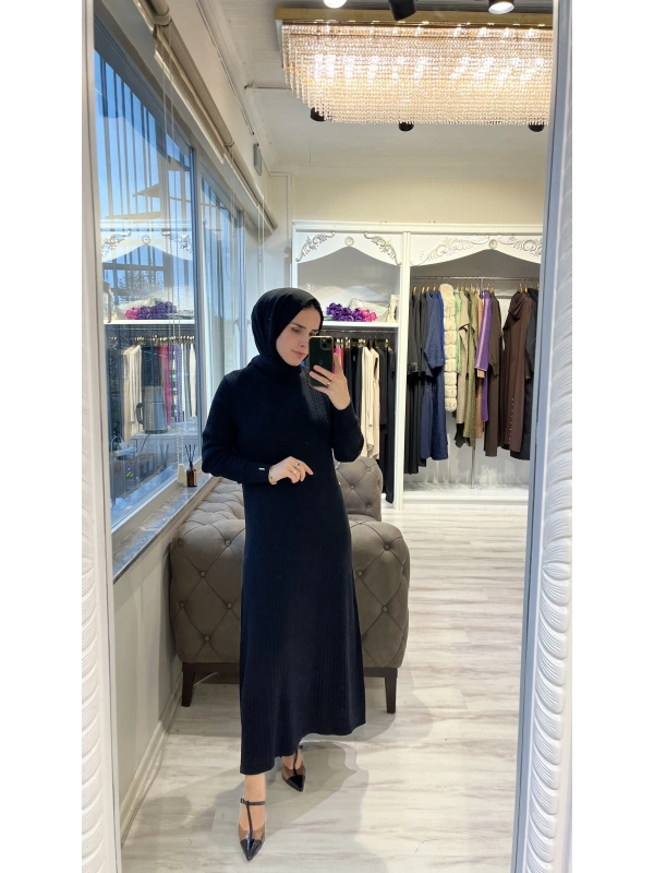 İNVEE 6954 Yün Karışımlı Triko Elbise - Siyah