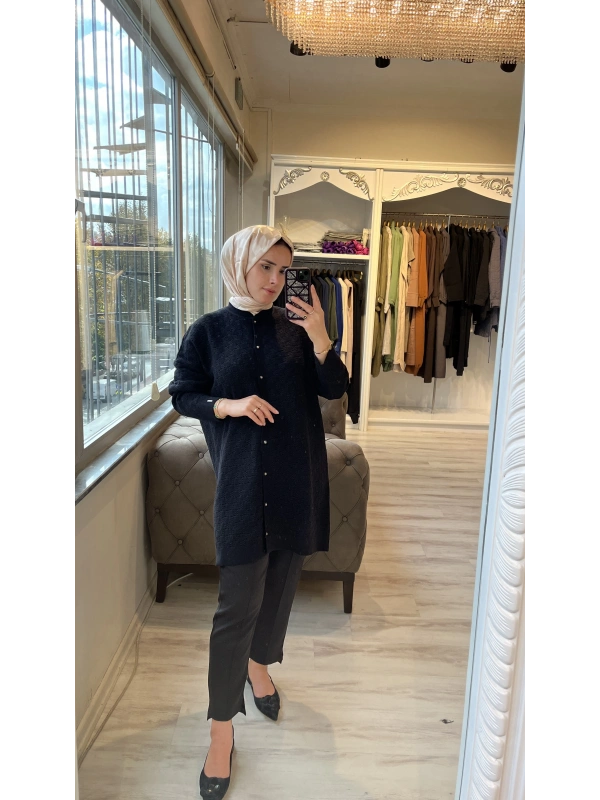 İNVEE 6957 Yün Karışımlı Desenli Triko Hırka - Siyah