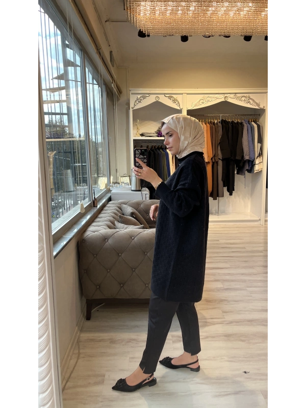 İNVEE 6957 Yün Karışımlı Desenli Triko Hırka - Siyah