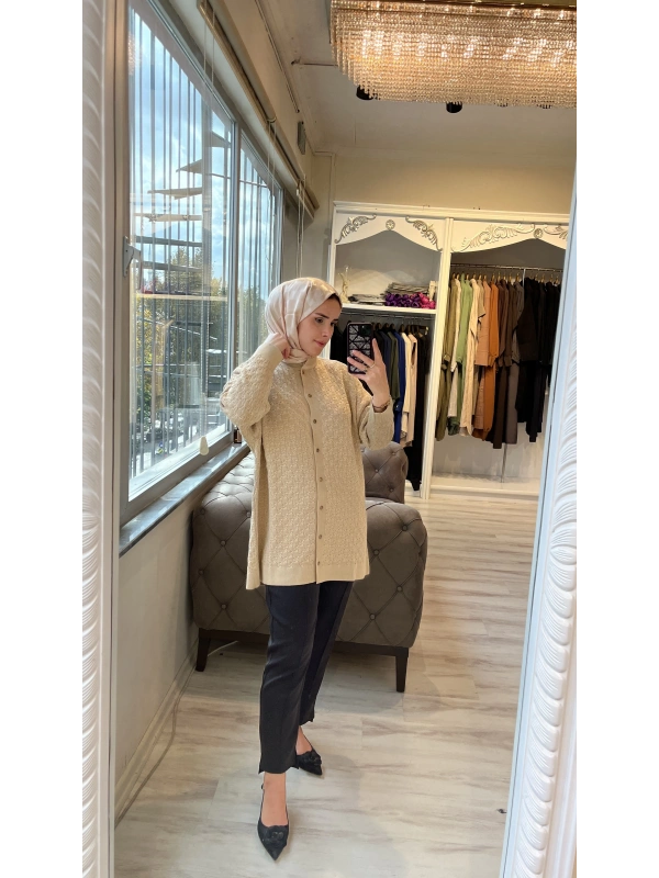 İNVEE 6957 Desenli Triko Hırka - Camel