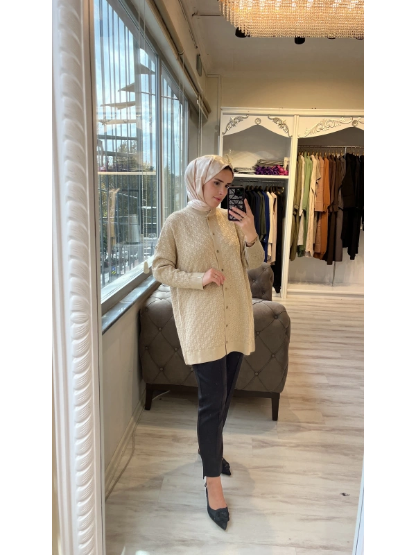 İNVEE 6957 Desenli Triko Hırka - Camel