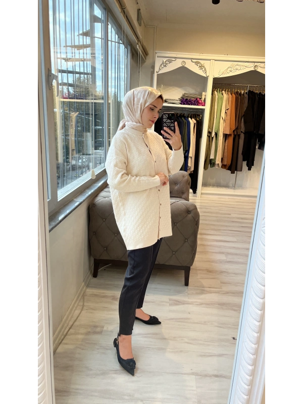 İNVEE 6957 Yün Karışımlı Desenli Triko Hırka - Vanilya