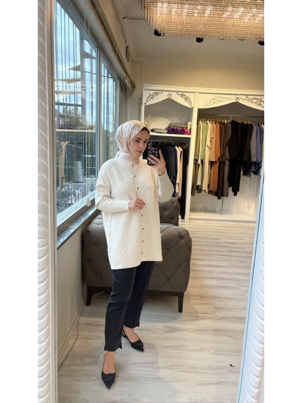 İNVEE 6957 Yün Karışımlı Desenli Triko Hırka - Vanilya