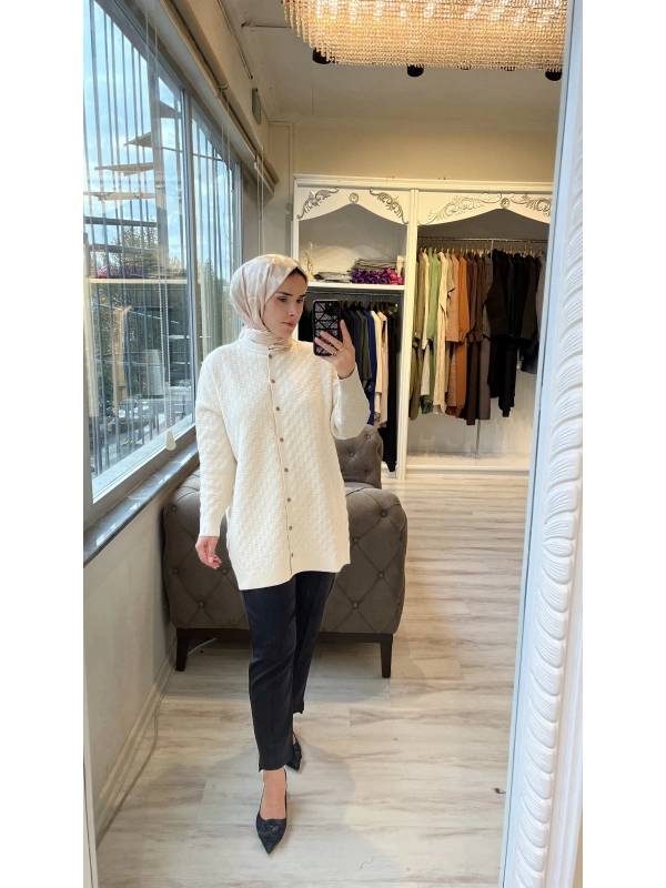 İNVEE 6957 Yün Karışımlı Desenli Triko Hırka - Vanilya