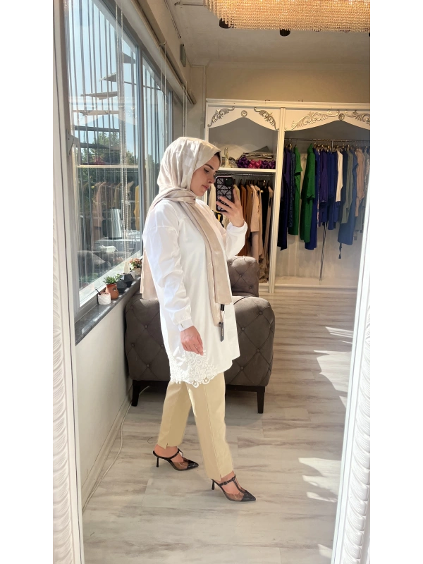 INVEE 6978 Brode Detaylı Ekru Gömlek