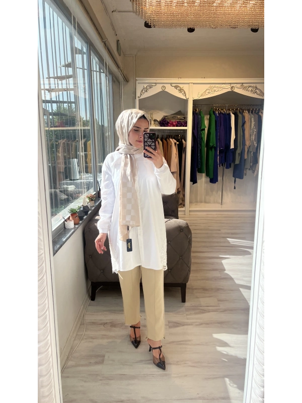 INVEE 6978 Brode Detaylı Ekru Gömlek