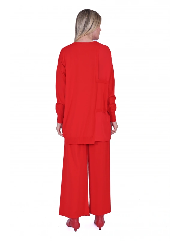 İNVEE 6986 Kumaş Detaylı Kırmızı Triko Tunik