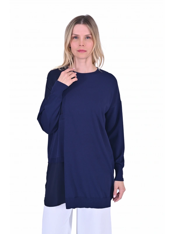 İNVEE 6986 Kumaş Detaylı Lacivert Triko Tunik