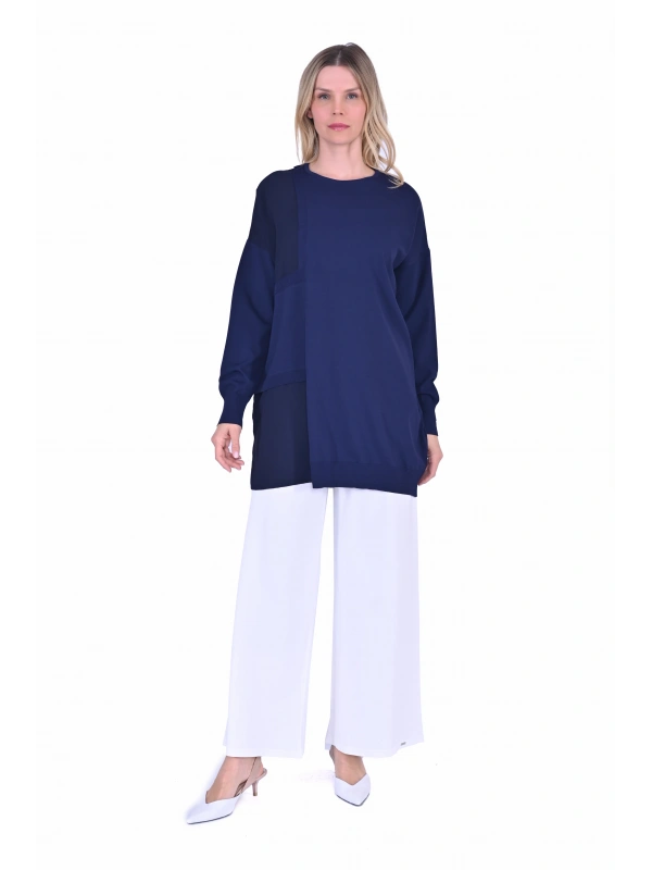 İNVEE 6986 Kumaş Detaylı Lacivert Triko Tunik