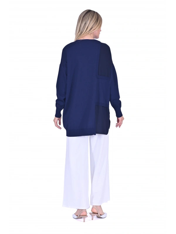 İNVEE 6986 Kumaş Detaylı Lacivert Triko Tunik