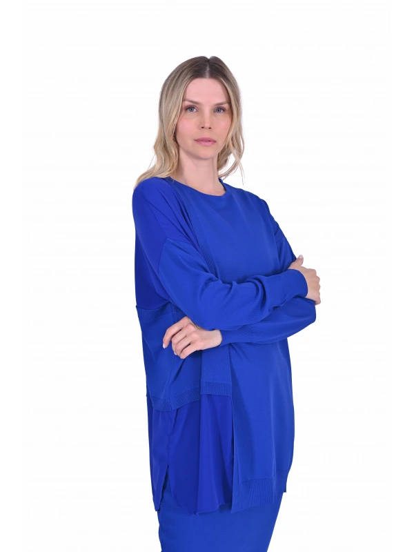 İNVEE 6986 Kumaş Detaylı Sax Triko Tunik