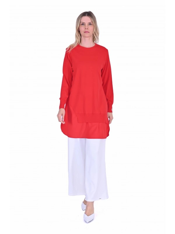 İNVEE Şifon Detaylı Kırmızı Triko Tunik