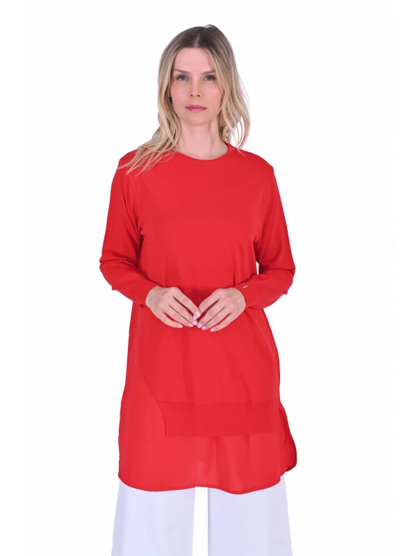 İNVEE Şifon Detaylı Kırmızı Triko Tunik