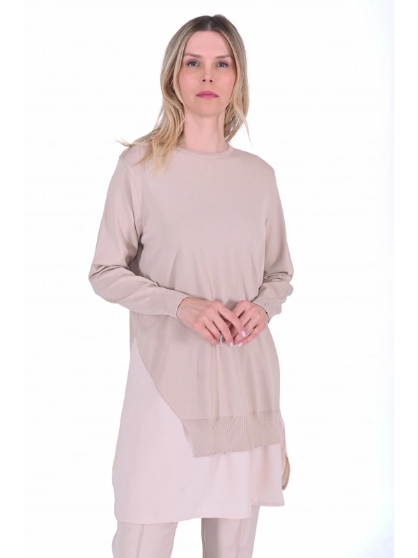 İNVEE Şifon Detaylı Bej Triko Tunik