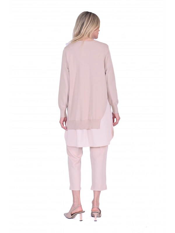 İNVEE Şifon Detaylı Bej Triko Tunik