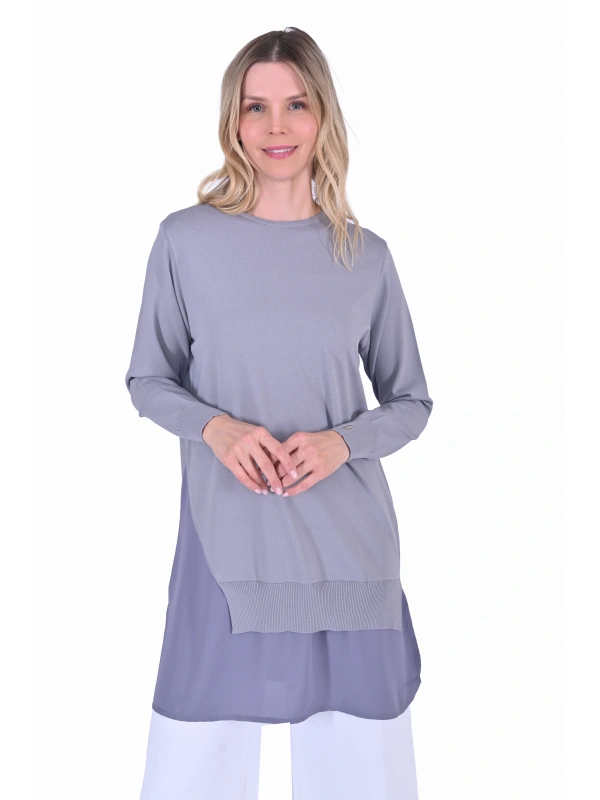 İNVEE Şifon Detaylı Gri Triko Tunik