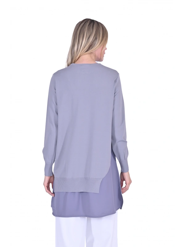 İNVEE Şifon Detaylı Gri Triko Tunik