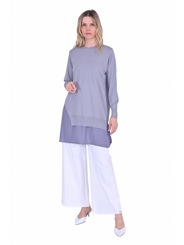 İNVEE Şifon Detaylı Gri Triko Tunik