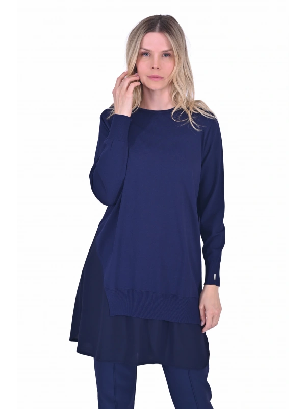 İNVEE Şifon Detaylı Lacivert Triko Tunik