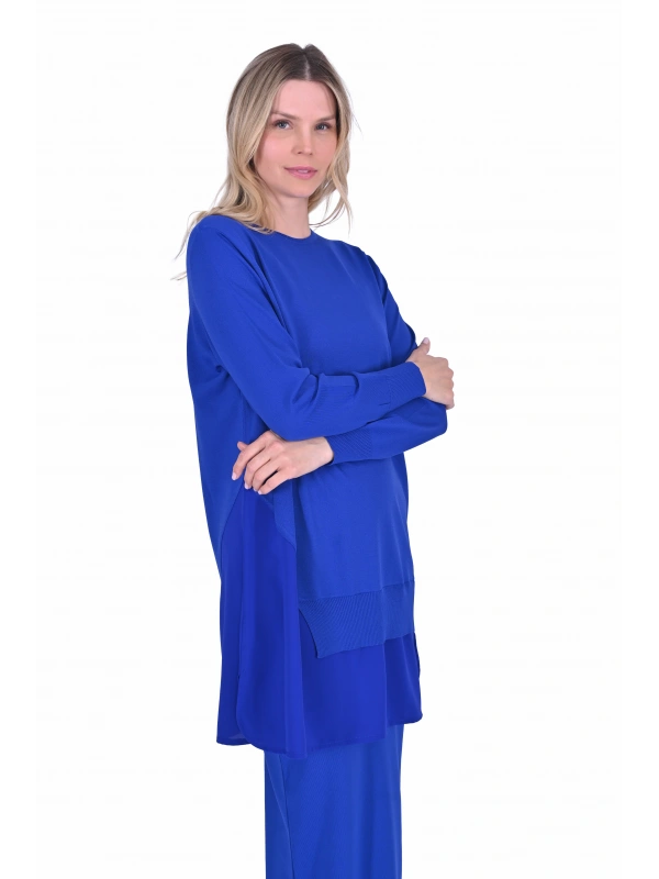 İNVEE Şifon Detaylı Sax Triko Tunik