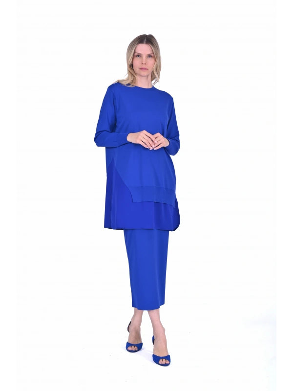 İNVEE Şifon Detaylı Sax Triko Tunik