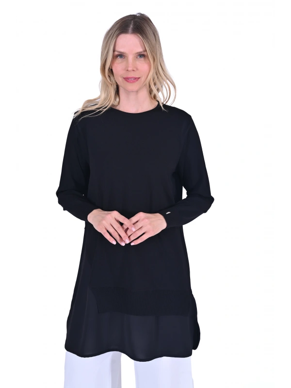 İNVEE Şifon Detaylı Siyah Triko Tunik