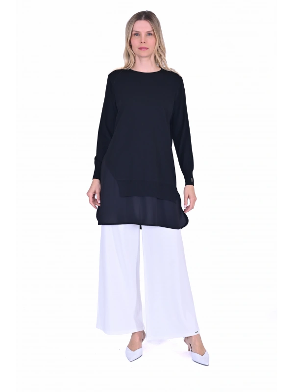 İNVEE Şifon Detaylı Siyah Triko Tunik